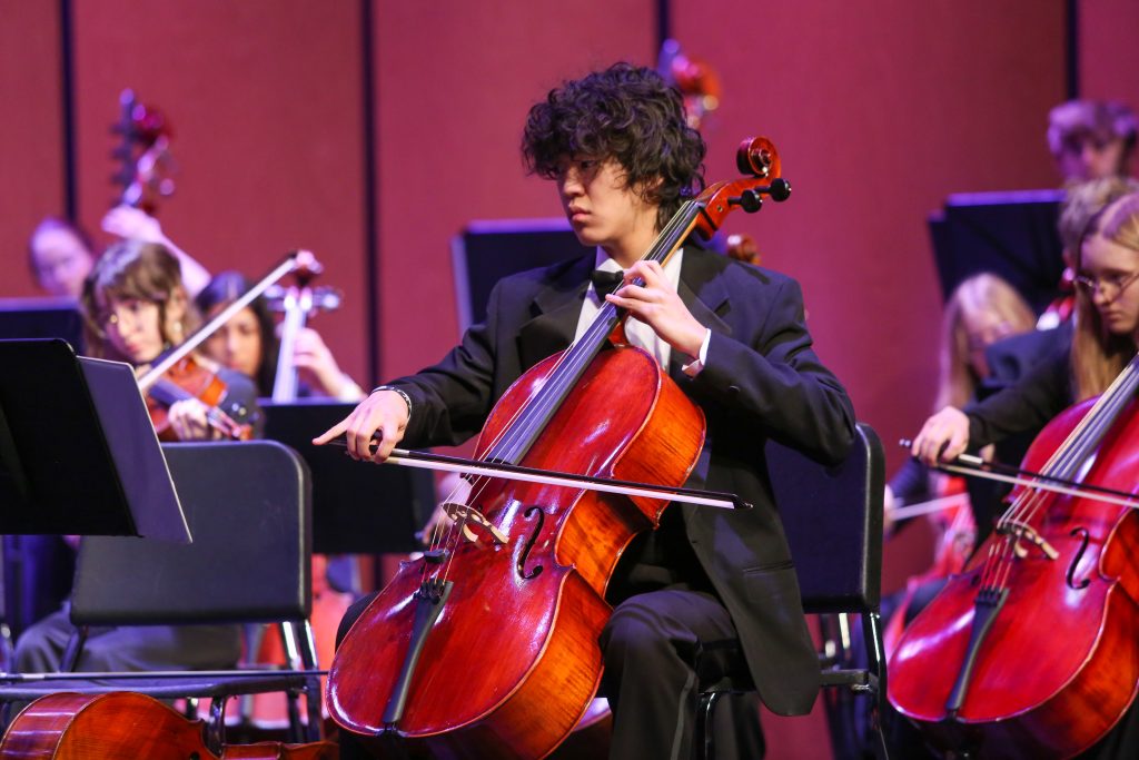 Young musician playing cello in an orchestra.